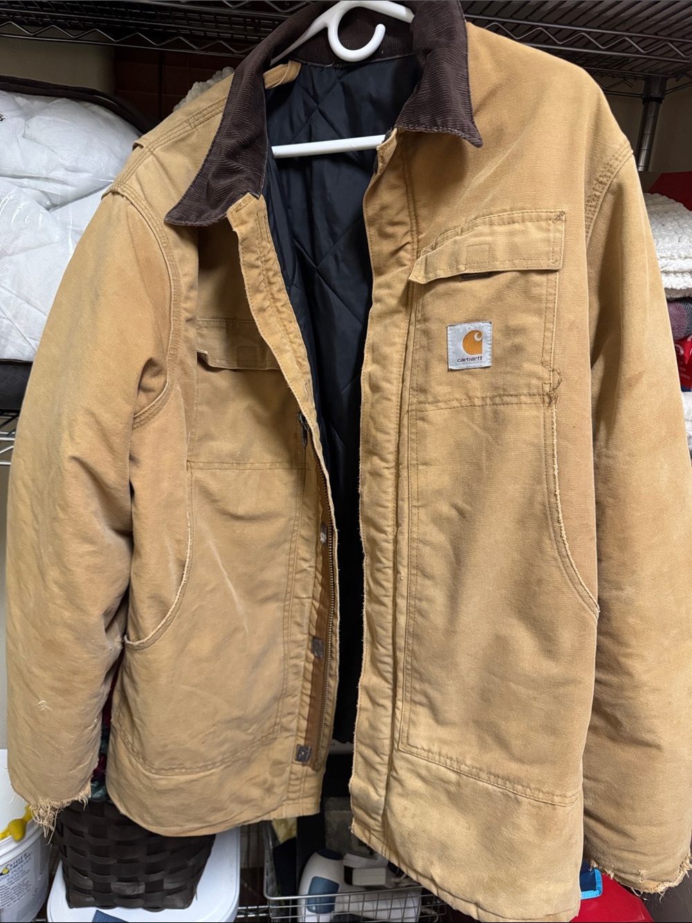 Carhartt tan work jacket with dark brown corduroy collar